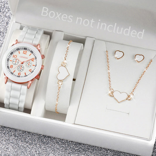 5/6PCS Women’s Fashion Quartz Watch & Jewelry Set – Silicone Band, Reloj Mujer, Gift for Girls (No Box Included)