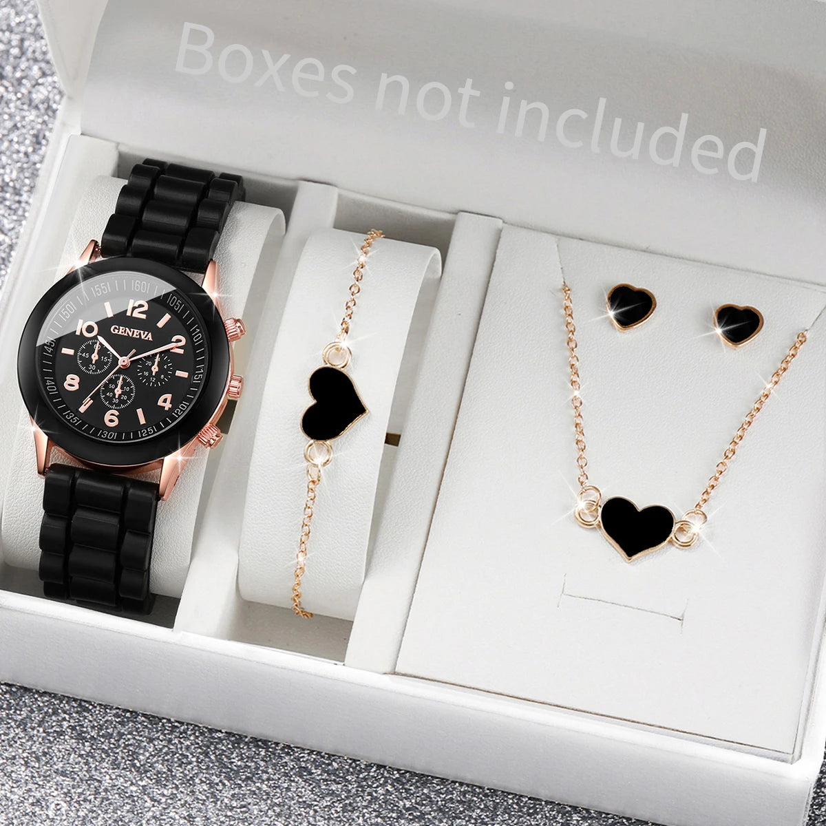 5/6PCS Women’s Fashion Quartz Watch & Jewelry Set – Silicone Band, Reloj Mujer, Gift for Girls (No Box Included)
