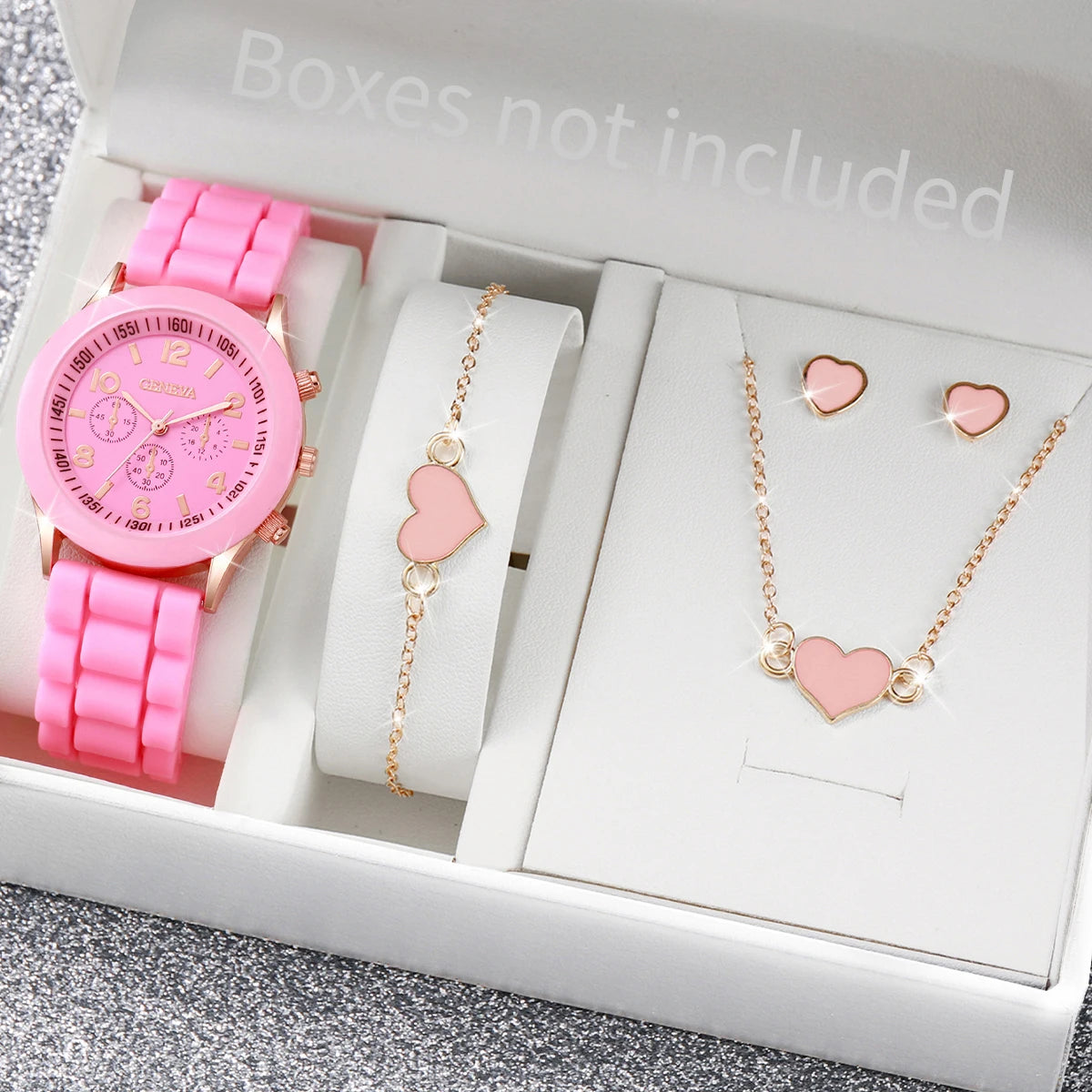 5/6PCS Women’s Fashion Quartz Watch & Jewelry Set – Silicone Band, Reloj Mujer, Gift for Girls (No Box Included)