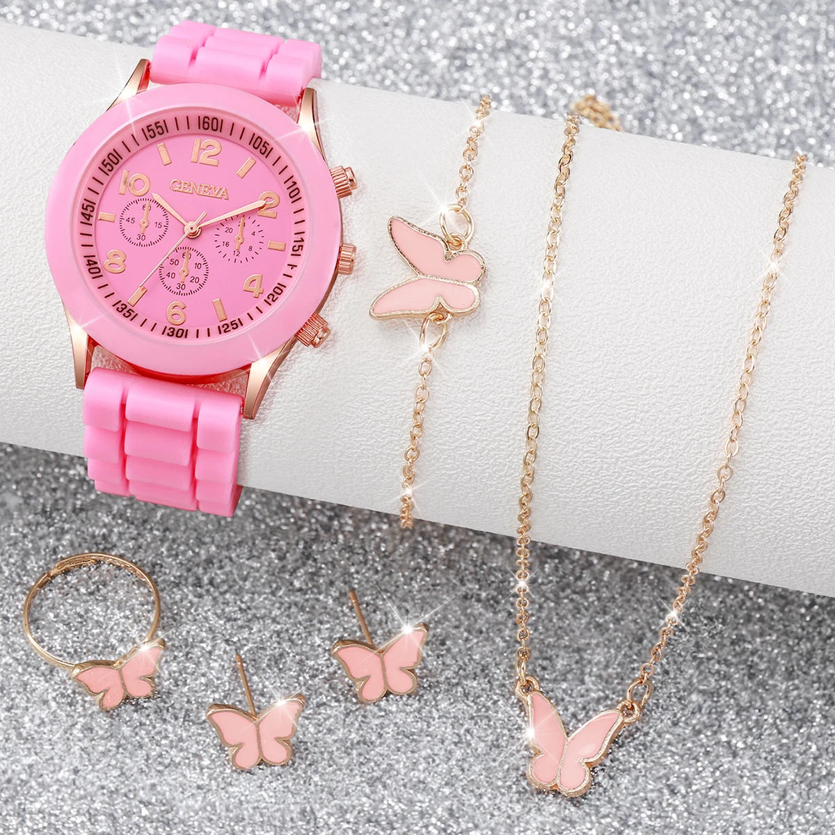 5/6PCS Women’s Fashion Quartz Watch & Jewelry Set – Silicone Band, Reloj Mujer, Gift for Girls (No Box Included)