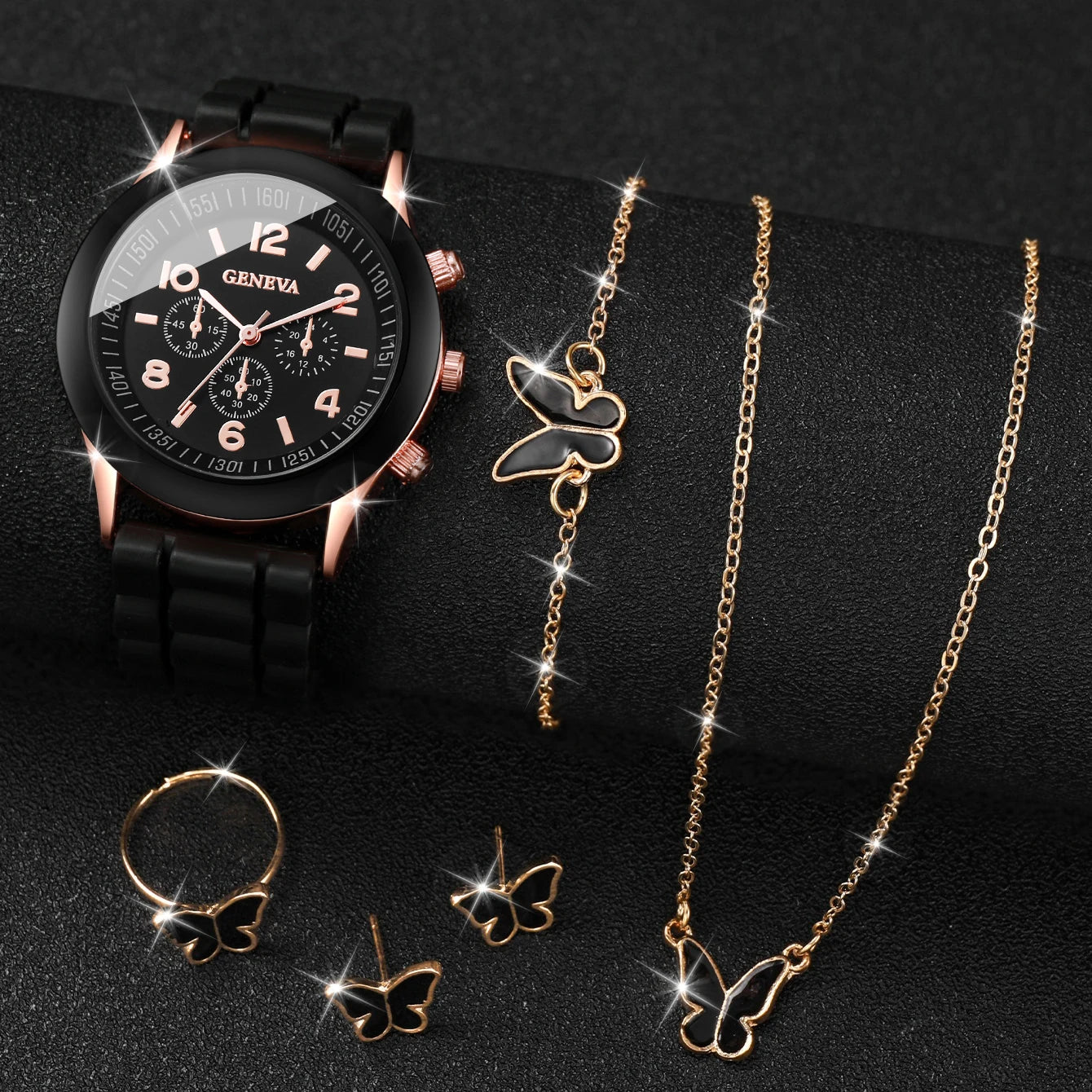 5/6PCS Women’s Fashion Quartz Watch & Jewelry Set – Silicone Band, Reloj Mujer, Gift for Girls (No Box Included)