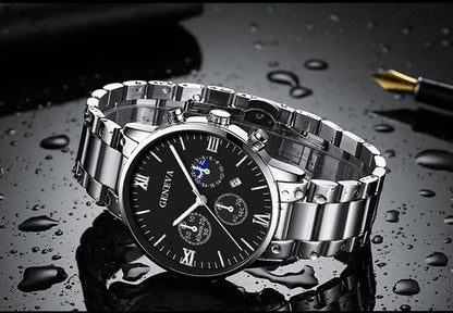 Men’s 4-Piece Fashion Quartz Watch Gift Set – Roman Dial Business Wristwatch with Bracelet, Ring, Necklace, Calendar Design