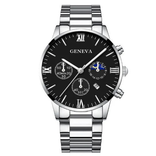Men’s 4-Piece Fashion Quartz Watch Gift Set – Roman Dial Business Wristwatch with Bracelet, Ring, Necklace, Calendar Design
