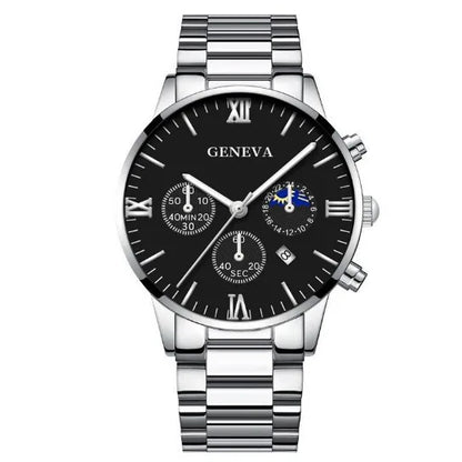 Men’s 4-Piece Fashion Quartz Watch Gift Set – Roman Dial Business Wristwatch with Bracelet, Ring, Necklace, Calendar Design