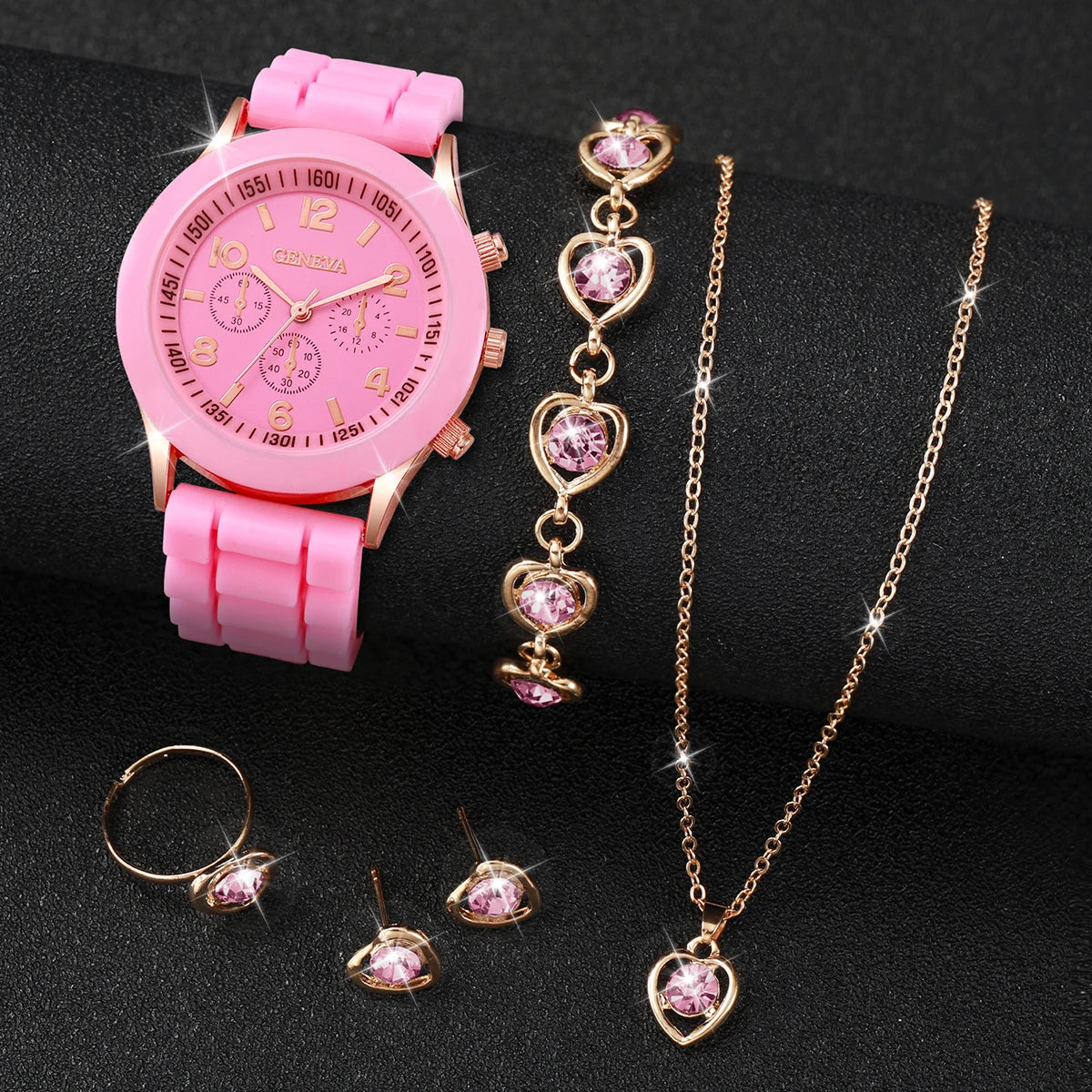 5/6PCS Women’s Fashion Quartz Watch & Jewelry Set – Silicone Band, Reloj Mujer, Gift for Girls (No Box Included)