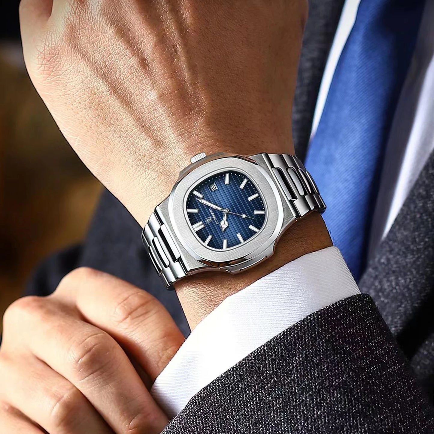POEDAGAR Men’s Luxury Square Quartz Watch – Stainless Steel, Waterproof, Sports Wristwatch