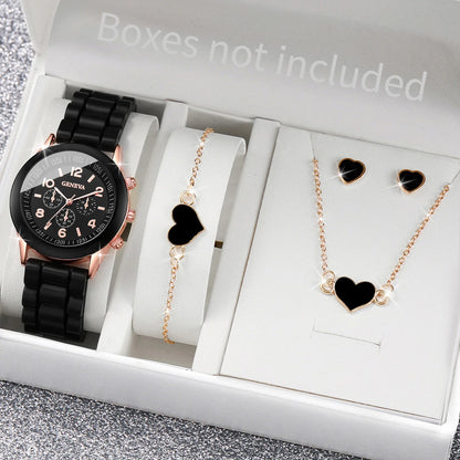 5/6PCS Women’s Fashion Quartz Watch & Jewelry Set – Silicone Band, Reloj Mujer, Gift for Girls (No Box Included)