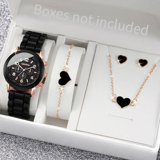 5/6PCS Women’s Fashion Quartz Watch & Jewelry Set – Silicone Band, Reloj Mujer, Gift for Girls (No Box Included)
