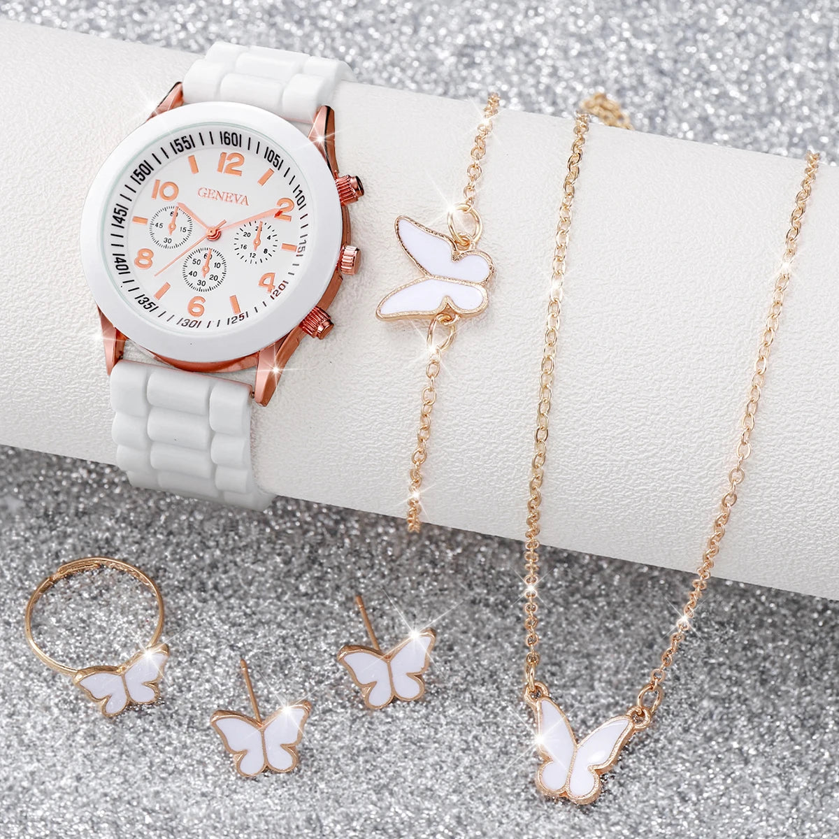 5/6PCS Women’s Fashion Quartz Watch & Jewelry Set – Silicone Band, Reloj Mujer, Gift for Girls (No Box Included)