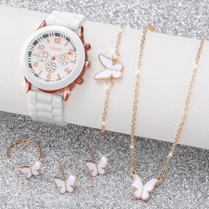 5/6PCS Women’s Fashion Quartz Watch & Jewelry Set – Silicone Band, Reloj Mujer, Gift for Girls (No Box Included)