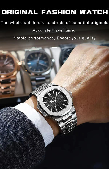POEDAGAR Men’s Luxury Square Quartz Watch – Stainless Steel, Waterproof, Sports Wristwatch