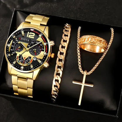 Men’s 4-Piece Fashion Quartz Watch Gift Set – Roman Dial Business Wristwatch with Bracelet, Ring, Necklace, Calendar Design