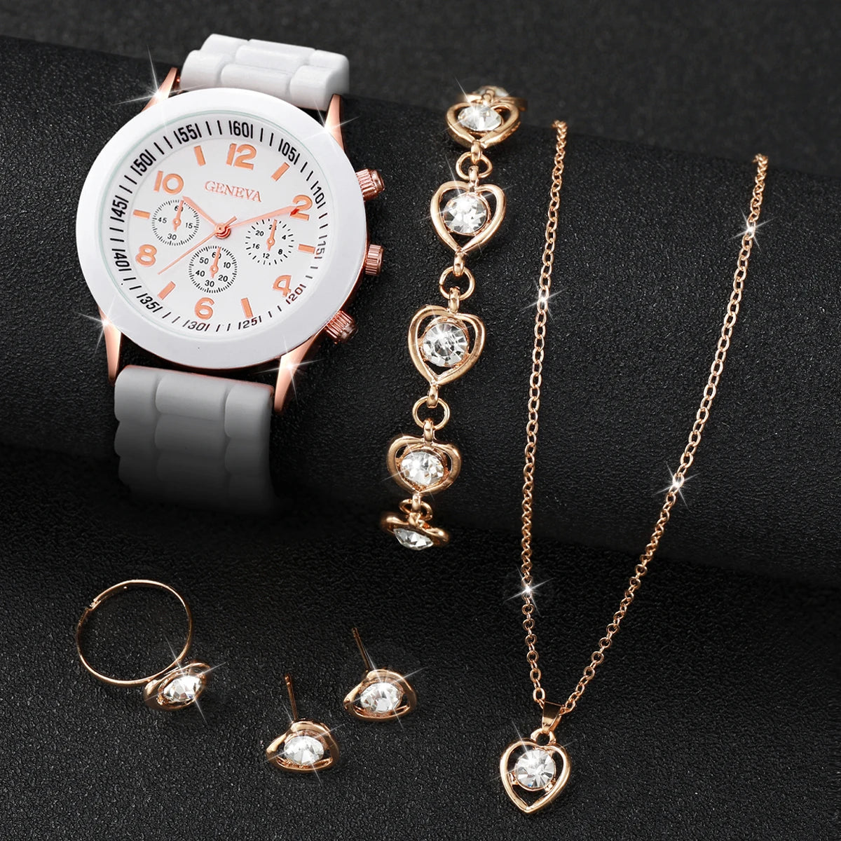 5/6PCS Women’s Fashion Quartz Watch & Jewelry Set – Silicone Band, Reloj Mujer, Gift for Girls (No Box Included)