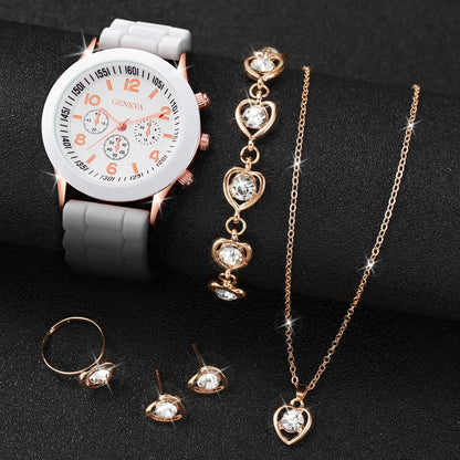 5/6PCS Women’s Fashion Quartz Watch & Jewelry Set – Silicone Band, Reloj Mujer, Gift for Girls (No Box Included)