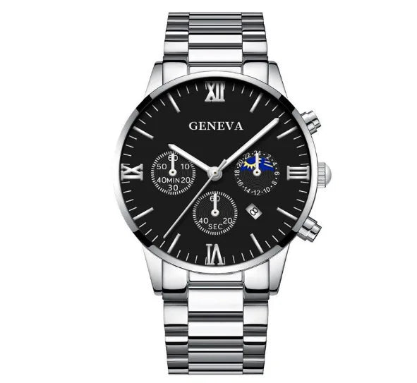 Men’s 4-Piece Fashion Quartz Watch Gift Set – Roman Dial Business Wristwatch with Bracelet, Ring, Necklace, Calendar Design