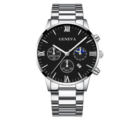 Men’s 4-Piece Fashion Quartz Watch Gift Set – Roman Dial Business Wristwatch with Bracelet, Ring, Necklace, Calendar Design
