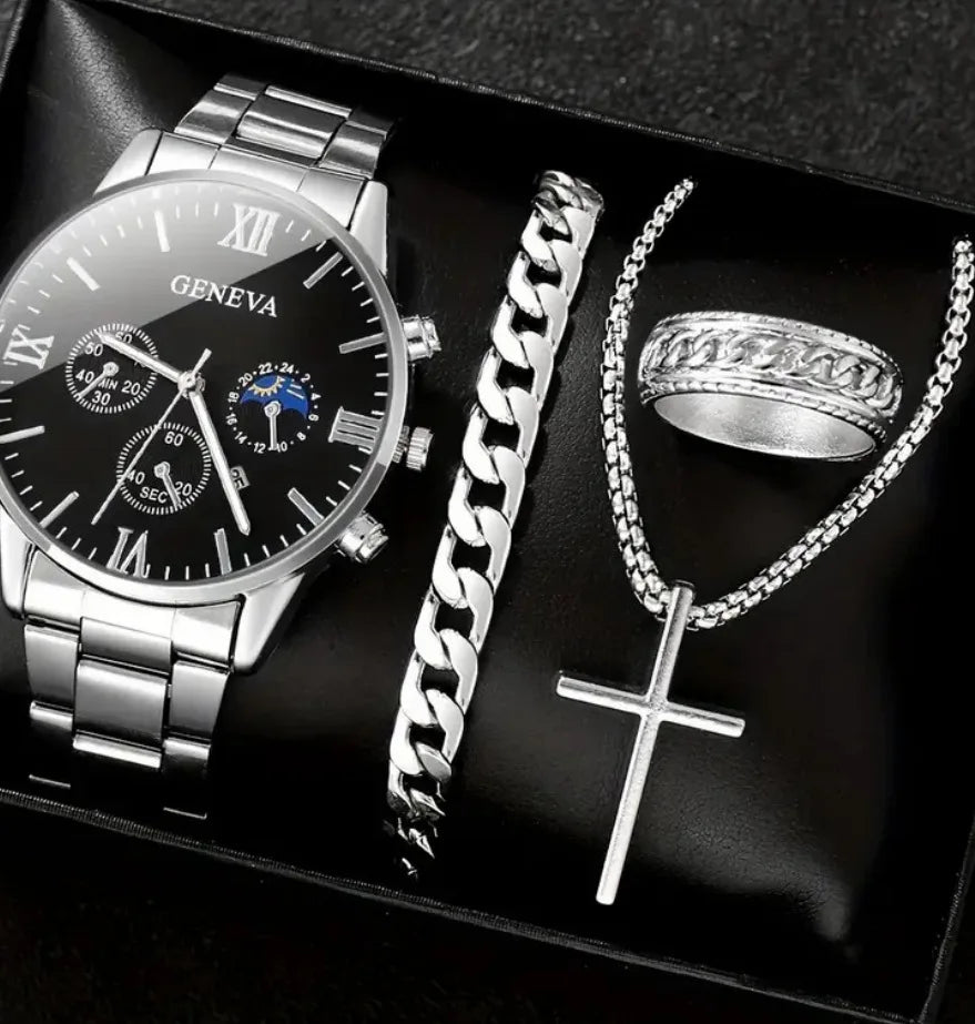 Men’s 4-Piece Fashion Quartz Watch Gift Set – Roman Dial Business Wristwatch with Bracelet, Ring, Necklace, Calendar Design