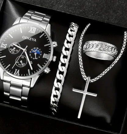 Men’s 4-Piece Fashion Quartz Watch Gift Set – Roman Dial Business Wristwatch with Bracelet, Ring, Necklace, Calendar Design