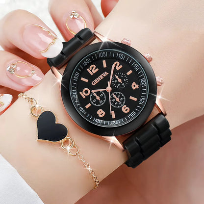 5/6PCS Women’s Fashion Quartz Watch & Jewelry Set – Silicone Band, Reloj Mujer, Gift for Girls (No Box Included)