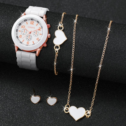 5/6PCS Women’s Fashion Quartz Watch & Jewelry Set – Silicone Band, Reloj Mujer, Gift for Girls (No Box Included)