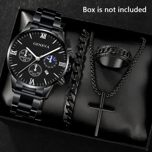 Men’s 4-Piece Fashion Quartz Watch Gift Set – Roman Dial Business Wristwatch with Bracelet, Ring, Necklace, Calendar Design