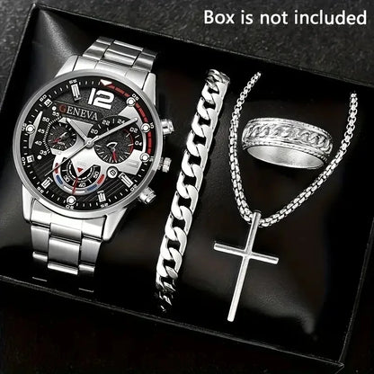Men’s 4-Piece Fashion Quartz Watch Gift Set – Roman Dial Business Wristwatch with Bracelet, Ring, Necklace, Calendar Design