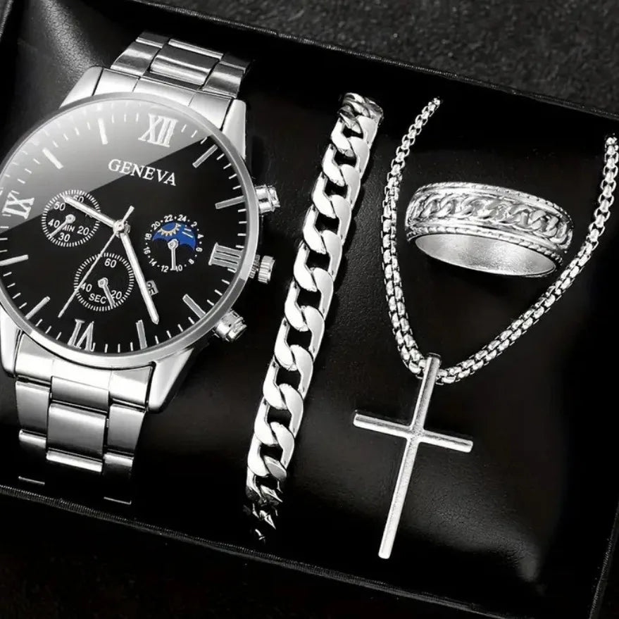 Men’s 4-Piece Fashion Quartz Watch Gift Set – Roman Dial Business Wristwatch with Bracelet, Ring, Necklace, Calendar Design