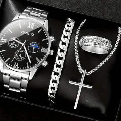 Men’s 4-Piece Fashion Quartz Watch Gift Set – Roman Dial Business Wristwatch with Bracelet, Ring, Necklace, Calendar Design