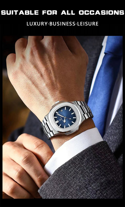 POEDAGAR Men’s Luxury Square Quartz Watch – Stainless Steel, Waterproof, Sports Wristwatch
