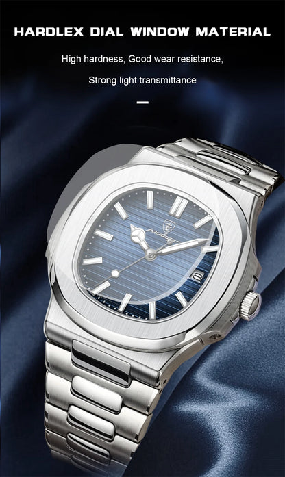 POEDAGAR Men’s Luxury Square Quartz Watch – Stainless Steel, Waterproof, Sports Wristwatch