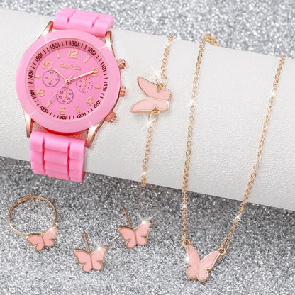 5/6PCS Women’s Fashion Quartz Watch & Jewelry Set – Silicone Band, Reloj Mujer, Gift for Girls (No Box Included)