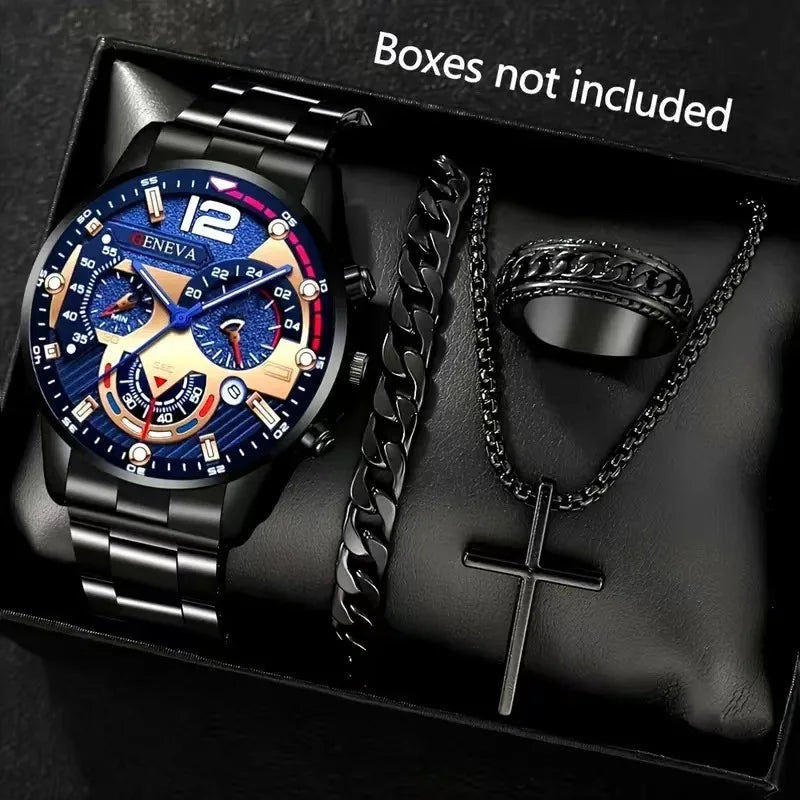 Men’s 4-Piece Fashion Quartz Watch Gift Set – Roman Dial Business Wristwatch with Bracelet, Ring, Necklace, Calendar Design
