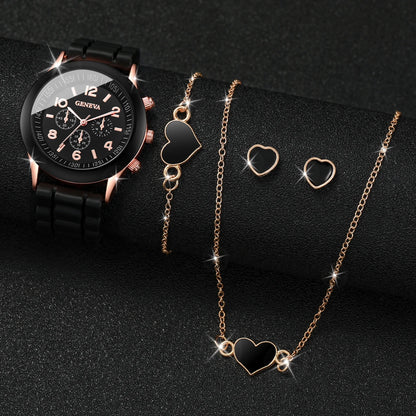 5/6PCS Women’s Fashion Quartz Watch & Jewelry Set – Silicone Band, Reloj Mujer, Gift for Girls (No Box Included)