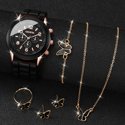 5/6PCS Women’s Fashion Quartz Watch & Jewelry Set – Silicone Band, Reloj Mujer, Gift for Girls (No Box Included)