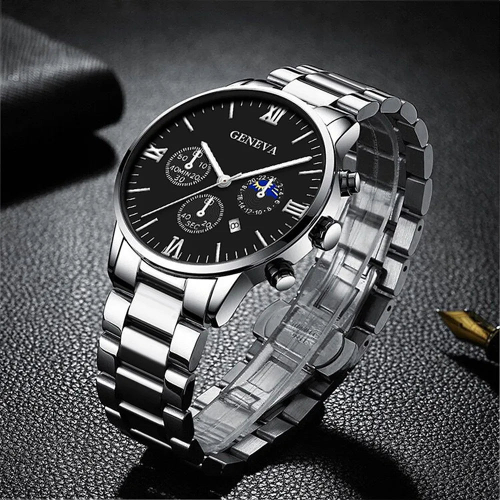 Men’s 4-Piece Fashion Quartz Watch Gift Set – Roman Dial Business Wristwatch with Bracelet, Ring, Necklace, Calendar Design