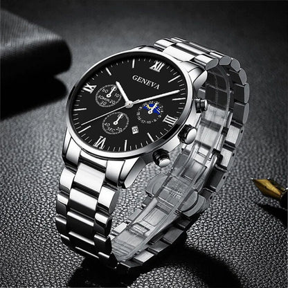 Men’s 4-Piece Fashion Quartz Watch Gift Set – Roman Dial Business Wristwatch with Bracelet, Ring, Necklace, Calendar Design