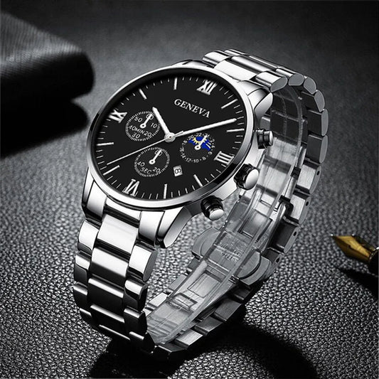 Men’s 4-Piece Fashion Quartz Watch Gift Set – Roman Dial Business Wristwatch with Bracelet, Ring, Necklace, Calendar Design