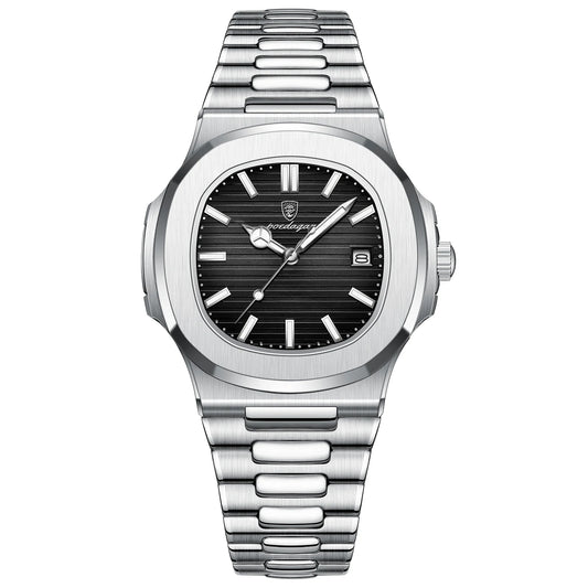 POEDAGAR Men’s Luxury Square Quartz Watch – Stainless Steel, Waterproof, Sports Wristwatch