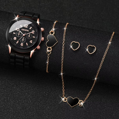 5/6PCS Women’s Fashion Quartz Watch & Jewelry Set – Silicone Band, Reloj Mujer, Gift for Girls (No Box Included)