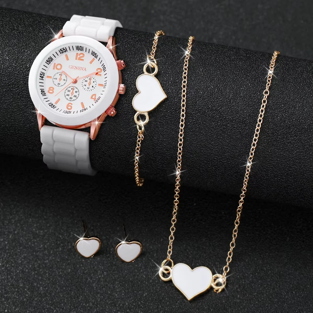 5/6PCS Women’s Fashion Quartz Watch & Jewelry Set – Silicone Band, Reloj Mujer, Gift for Girls (No Box Included)