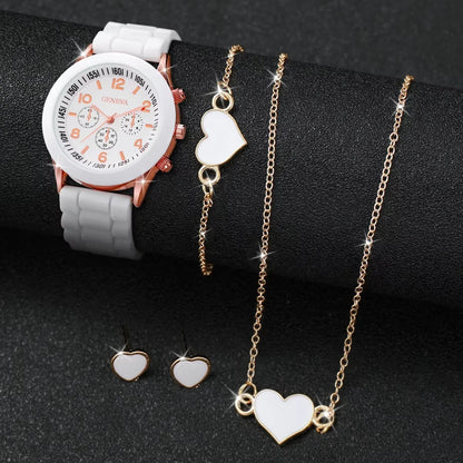 5/6PCS Women’s Fashion Quartz Watch & Jewelry Set – Silicone Band, Reloj Mujer, Gift for Girls (No Box Included)